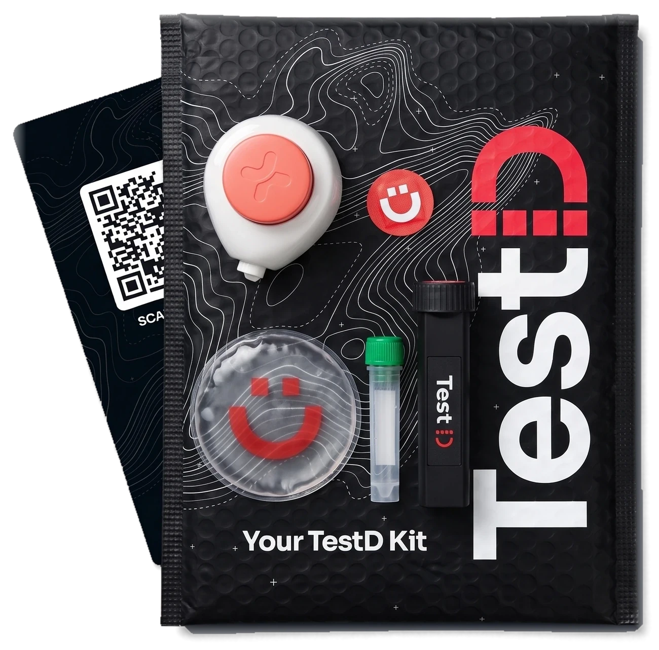 The TestD kit: the collection card behind the black mailer, with the device, the heat pack, the tube, the Microtainer and the band-aid